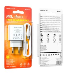 СЗУ-адаптер USB Borofone BAS45A QD 30W (1USB / 1Type-C) + кабель Lightning (Белы..